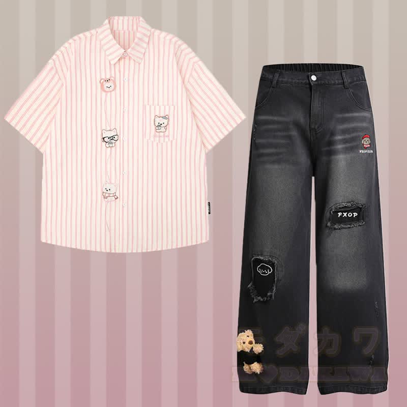 Stripe Puppy Embroidery Shirt 3D Bear Ripped Denim Pants Modakawa Matching Outfit - Set D - XL - image 8