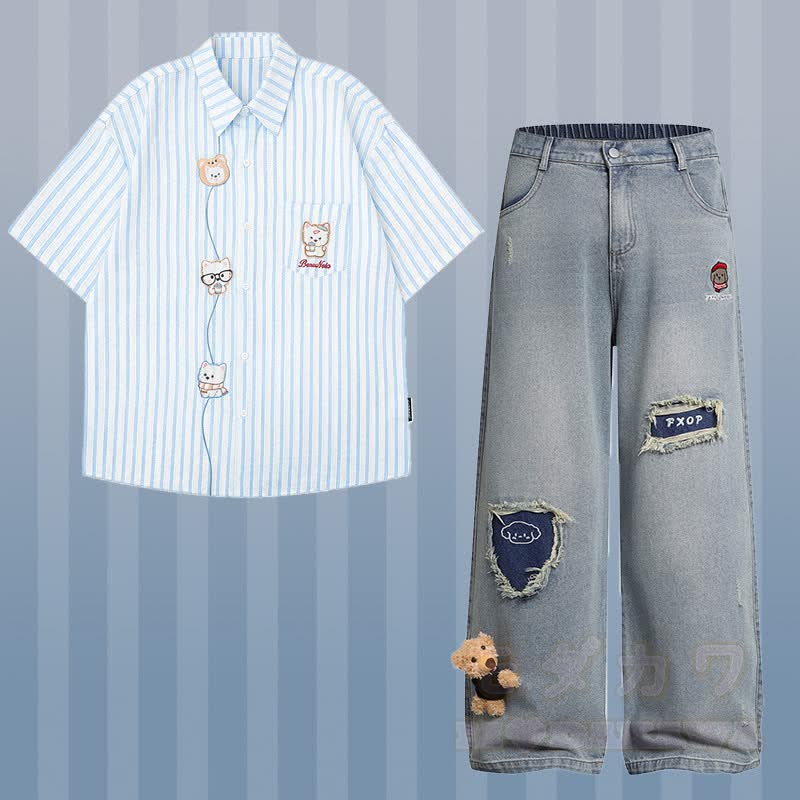 Stripe Puppy Embroidery Shirt 3D Bear Ripped Denim Pants Modakawa Matching Outfit - Set A - XL - image 1