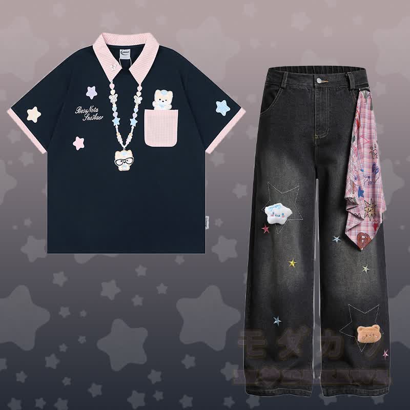 Puppy Graphic POLO T-shirt Star Denim Pants Modakawa Matching Outfit - Set A - XL - image 1
