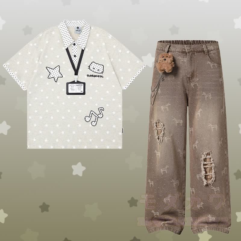 Polka Dot Star Graphic POLO T-shirt 3D Bear Chain Ripped Denim Pants Modakawa Matching Outfit - Set B - XL - image 6