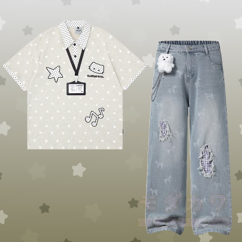 Polka Dot Star Graphic POLO T-shirt 3D Bear Chain Ripped Denim Pants Modakawa Matching Outfit - Set A - XL - image 1