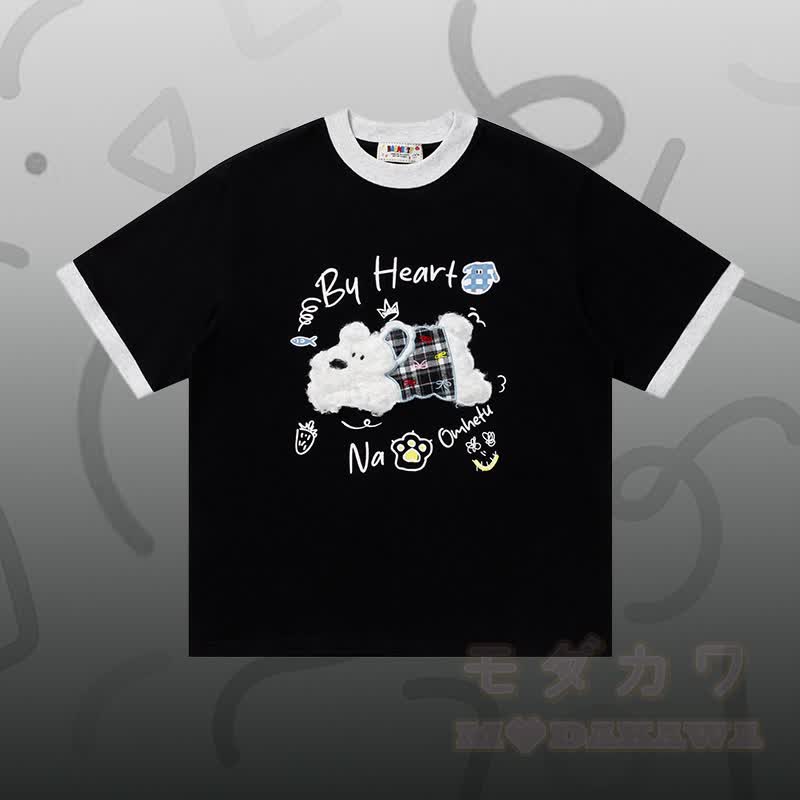 Puppy Chenille Embroidery Cotton T-shirt Star Denim Pants Modakawa Matching Outfit - Black T-shirt - XL - image 2