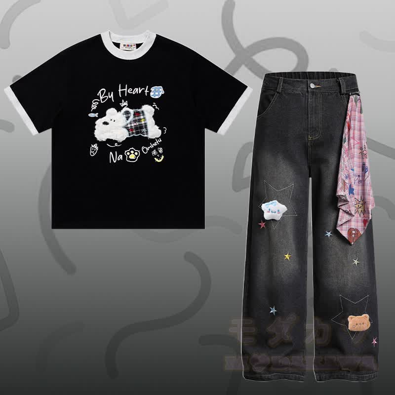 Puppy Chenille Embroidery Cotton T-shirt Star Denim Pants Modakawa Matching Outfit - Set C - XL - image 7