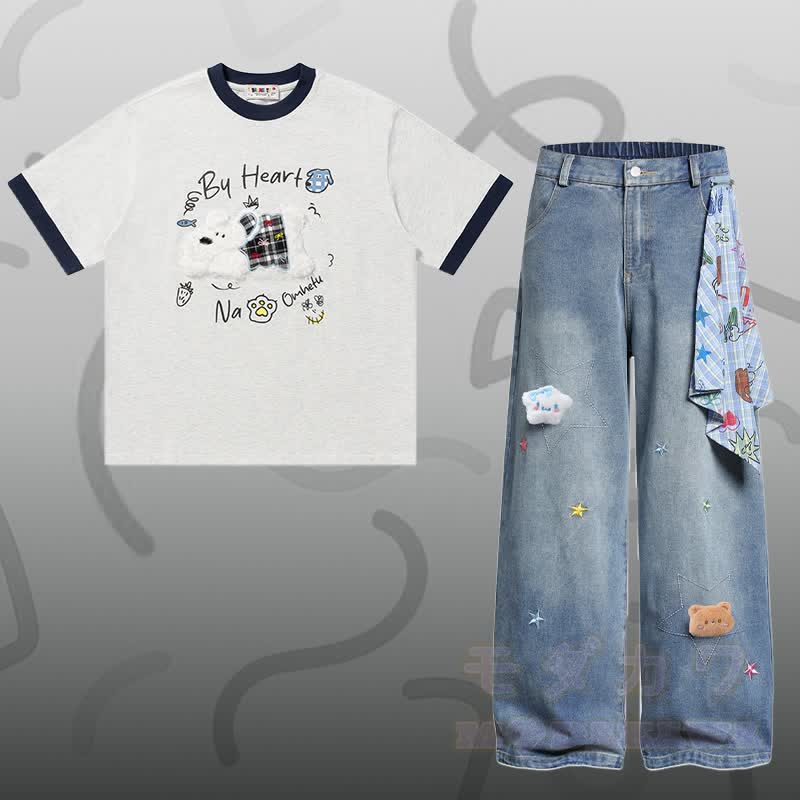 Puppy Chenille Embroidery Cotton T-shirt Star Denim Pants Modakawa Matching Outfit - Set B - XL - image 6