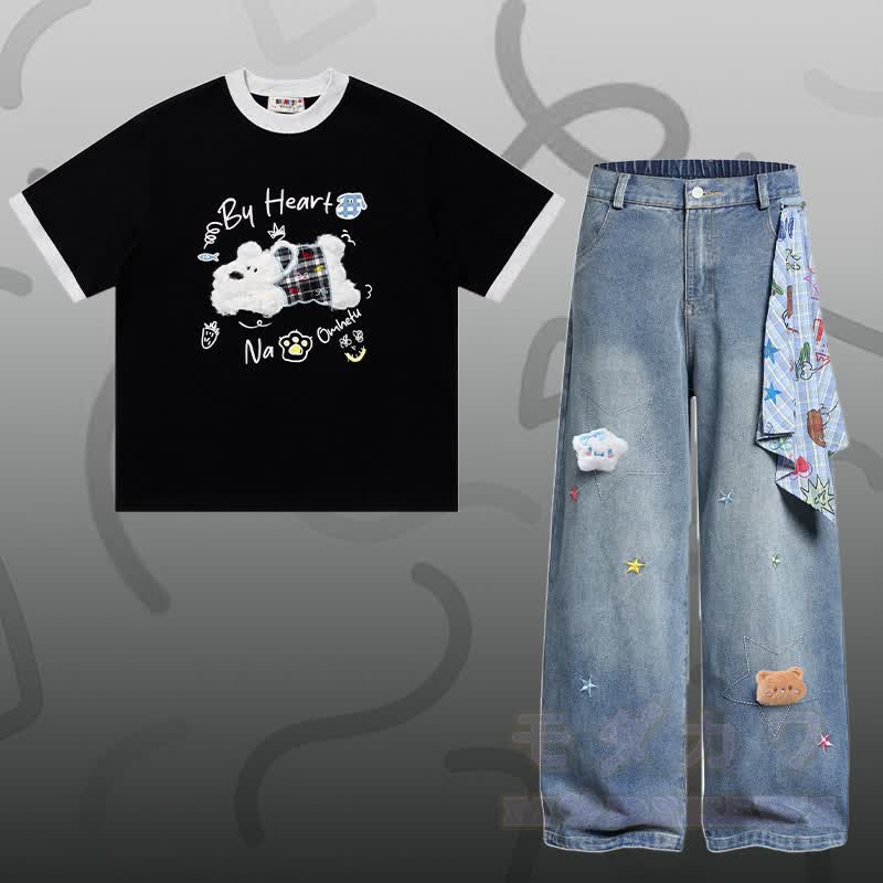 Puppy Chenille Embroidery Cotton T-shirt Star Denim Pants Modakawa Matching Outfit - Set A - XL - image 1