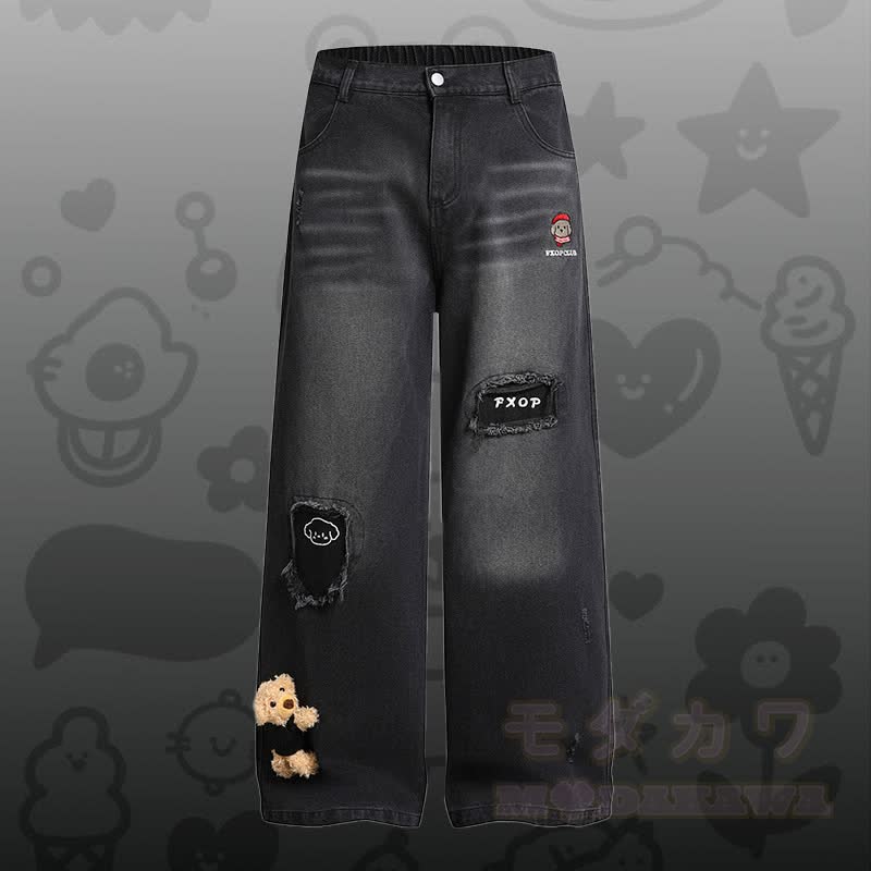 Stripe Puppy Embroidery Shirt 3D Bear Ripped Denim Pants Modakawa Matching Outfit - Black Pants - XL - image 5