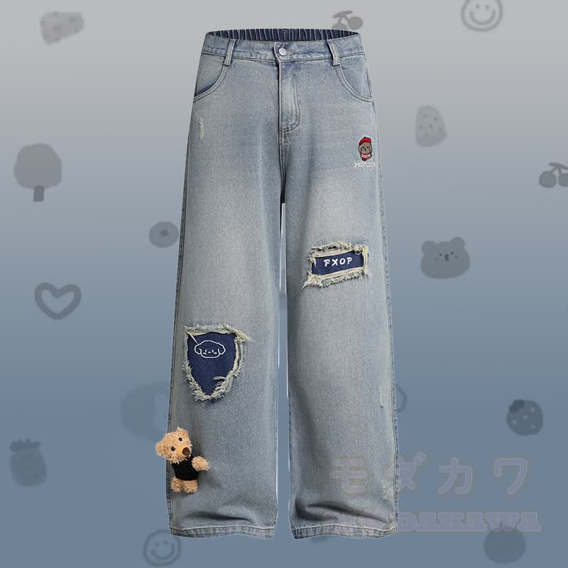 Stripe Puppy Embroidery Shirt 3D Bear Ripped Denim Pants Modakawa Matching Outfit - Blue Pants - XL - image 4