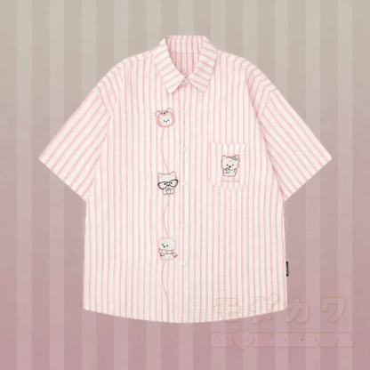 Stripe Puppy Embroidery Shirt 3D Bear Ripped Denim Pants Modakawa Matching Outfit - Pink Shirt - XL - image 3