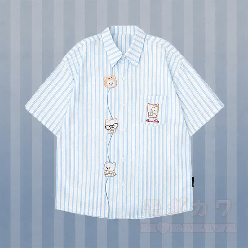 Stripe Puppy Embroidery Shirt 3D Bear Ripped Denim Pants Modakawa Matching Outfit - Blue Shirt - XL - image 2