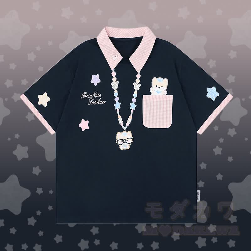 Puppy Graphic POLO T-shirt Star Denim Pants Modakawa Matching Outfit - Purplish Blue T-shirt - XL - image 2