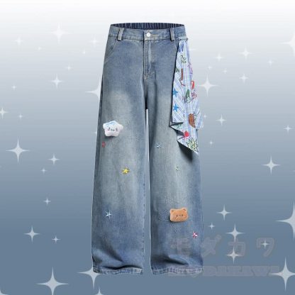 Puppy Graphic POLO T-shirt Star Denim Pants Modakawa Matching Outfit - Blue Pants - XL - image 5