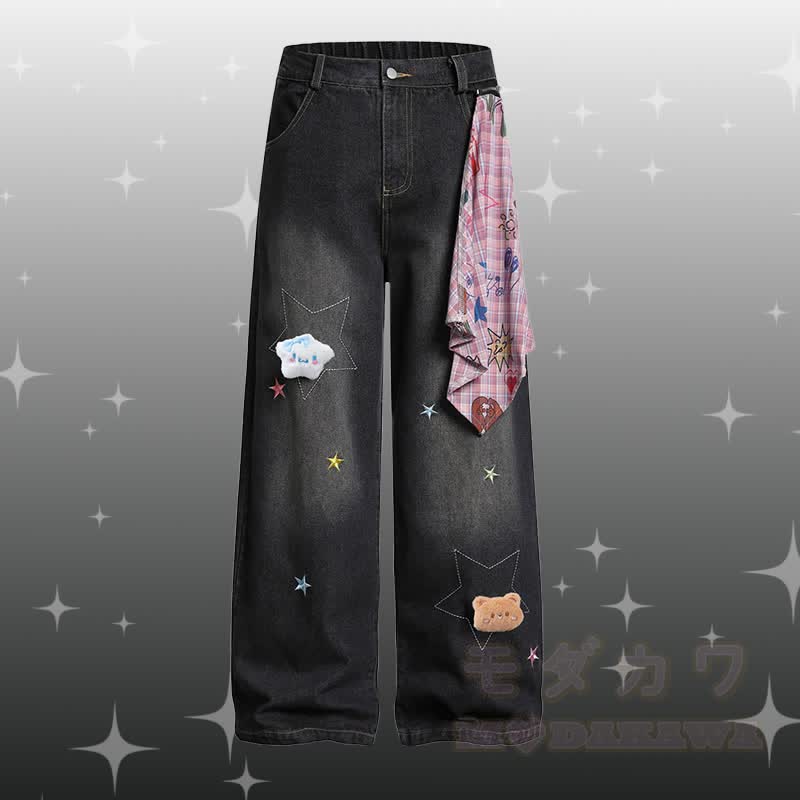 Puppy Graphic POLO T-shirt Star Denim Pants Modakawa Matching Outfit - Black Pants - XL - image 4