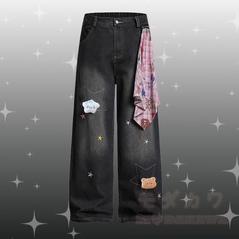 Puppy Graphic POLO T-shirt Star Denim Pants Modakawa Matching Outfit - Black Pants - XL - image 4