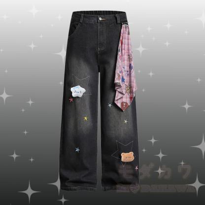 Puppy Graphic POLO T-shirt Star Denim Pants Modakawa Matching Outfit - Black Pants - XL - image 4
