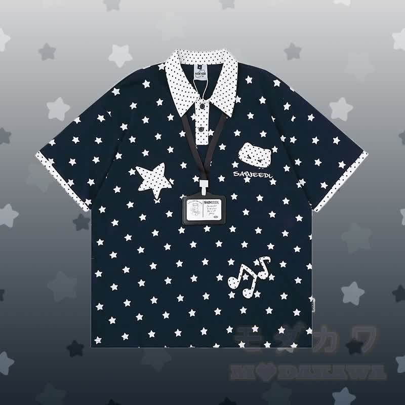 Polka Dot Star Graphic POLO T-shirt 3D Bear Chain Ripped Denim Pants Modakawa Matching Outfit - Purplish Blue T-shirt - XL - image 3