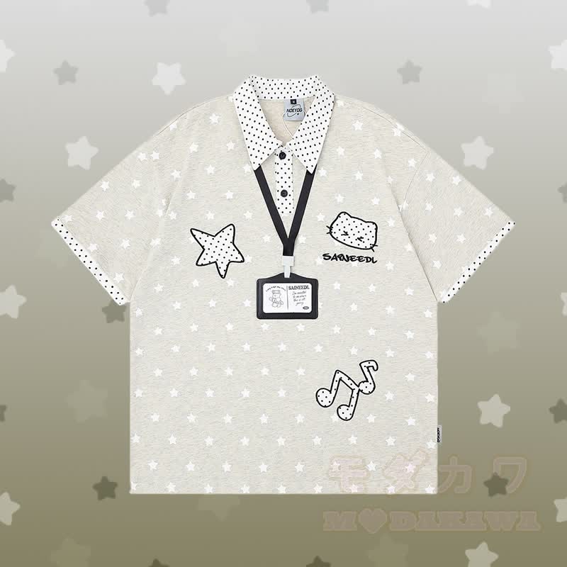 Polka Dot Star Graphic POLO T-shirt 3D Bear Chain Ripped Denim Pants Modakawa Matching Outfit - Grey T-shirt - XL - image 2