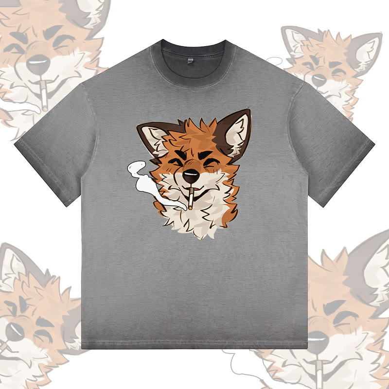 MODAKAWA X atka Fox Smoking Graphic 100% Cotton Gradient Washed T-Shirt - Grey - 5XL - image 2
