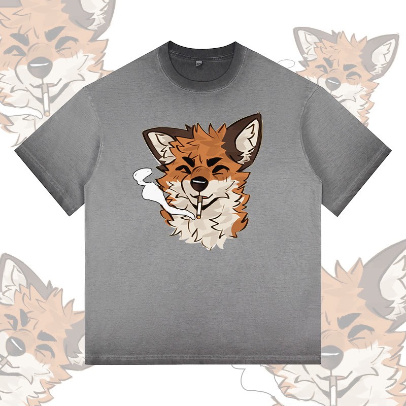 MODAKAWA X atka Fox Smoking Graphic 100% Cotton Gradient Washed T-Shirt - Grey - 5XL - image 2