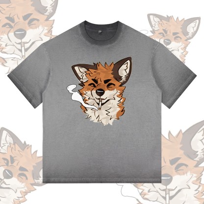 MODAKAWA X atka Fox Smoking Graphic 100% Cotton Gradient Washed T-Shirt - Grey - 5XL - image 2