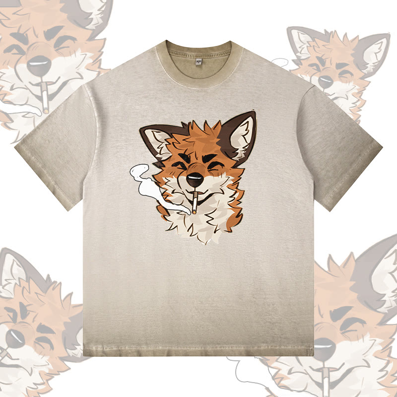 MODAKAWA X atka Fox Smoking Graphic 100% Cotton Gradient Washed T-Shirt - Khaki - 5XL - image 1