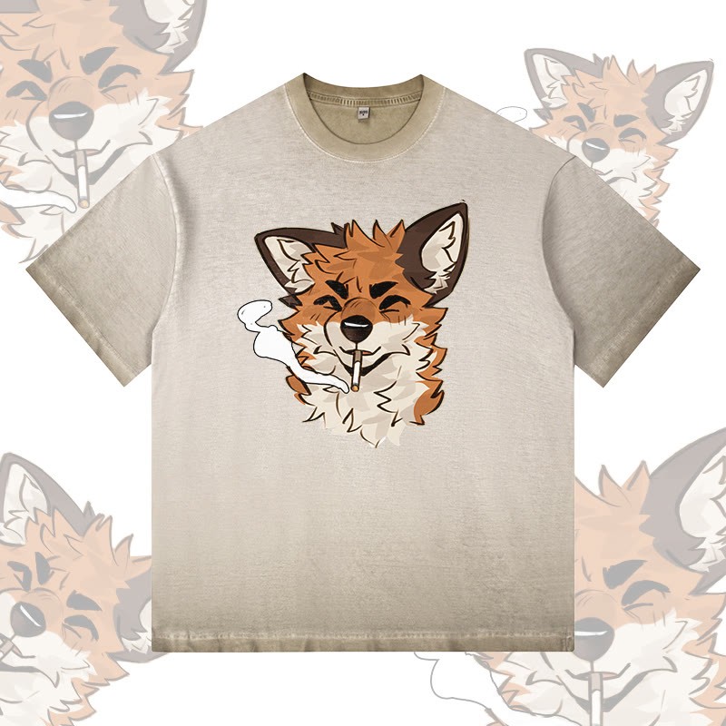 MODAKAWA X atka Fox Smoking Graphic 100% Cotton Gradient Washed T-Shirt - Khaki - 5XL - image 1