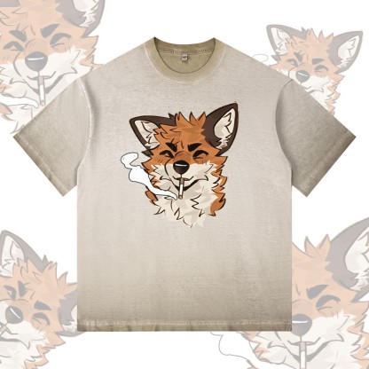 MODAKAWA X atka Fox Smoking Graphic 100% Cotton Gradient Washed T-Shirt - Khaki - 5XL - image 1