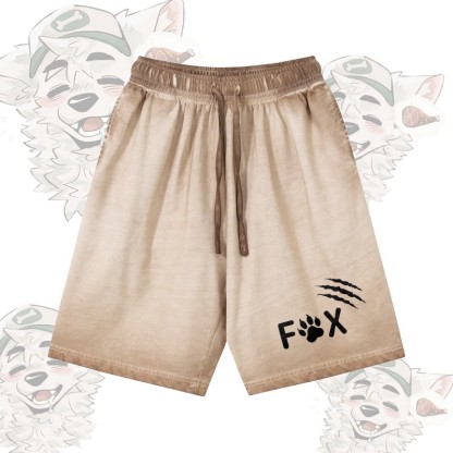 FOX Paw Claw Graphic Modakawa 100% Cotton Gradient Vintage Washed Distressed Shorts - Khaki - 5XL - image 1