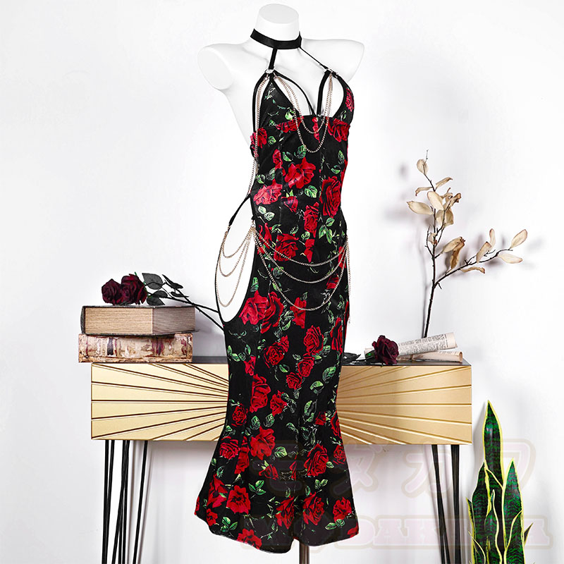 Rose Print Hollow Out Backless Chain Fishtail Dress⁠ - Black - 3XL-4XL - image 1
