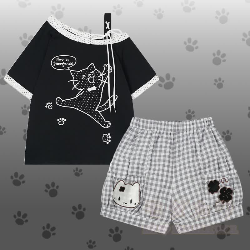 Polka Dot Cat Graphic One Shoulder T-shirt Kitty Gingham Shorts Modakawa Matching Outfit - Set A - L - image 1