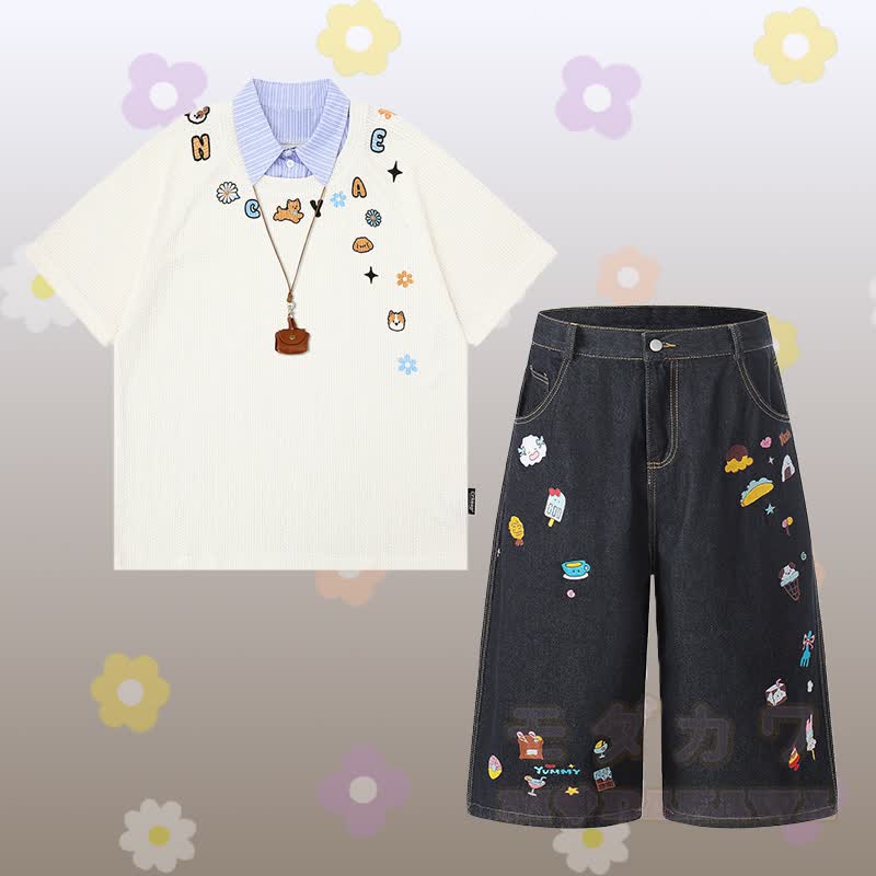 Puppy Graphic Stripe Polo T-shirt Food Embroidery Denim Cropped Pants Modakawa Matching Outfit - Set B - XL - image 2