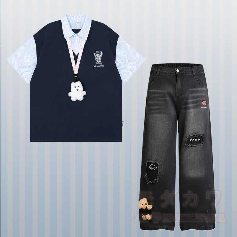 Puppy Embroidery Stripe Color Block Polo T-shirt Ripped Denim Pants Modakawa Matching Outfit - Set B - XL - image 2