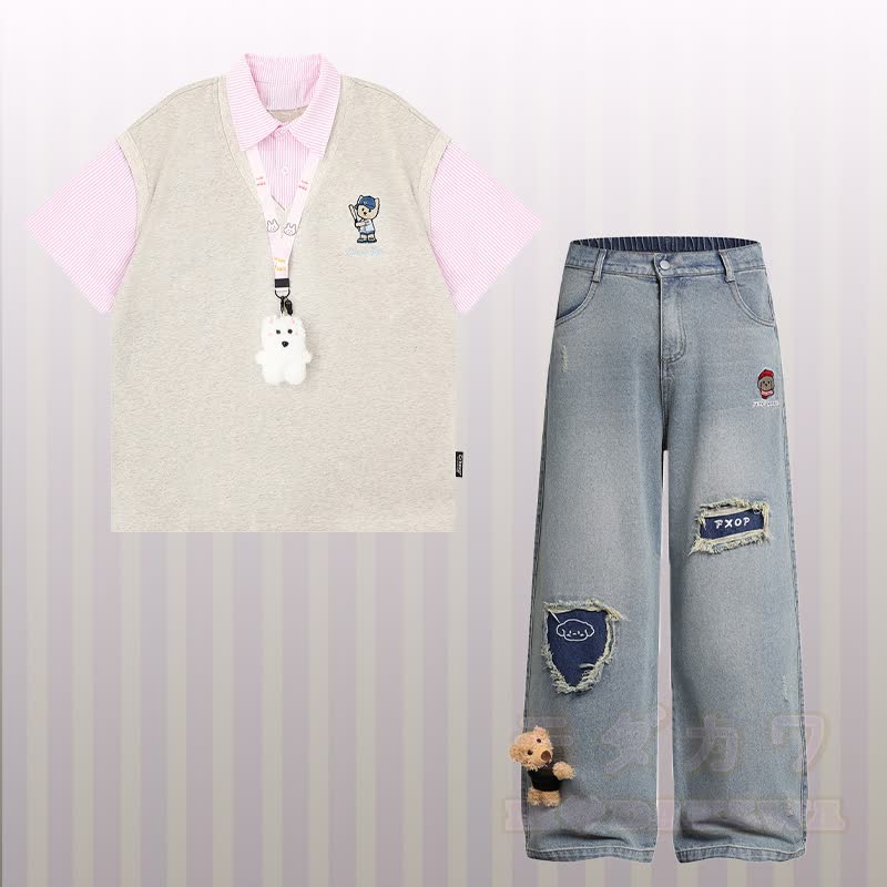 Puppy Embroidery Stripe Color Block Polo T-shirt Ripped Denim Pants Modakawa Matching Outfit - Set A - XL - image 1