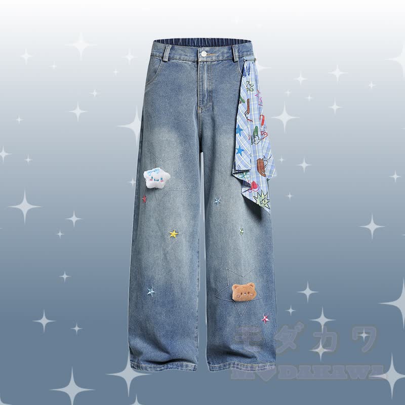 Flock Puppy Gingham Graphic Polo T-shirt Star Denim Pants Modakawa Matching Outfit - Blue Pants - XL - image 8