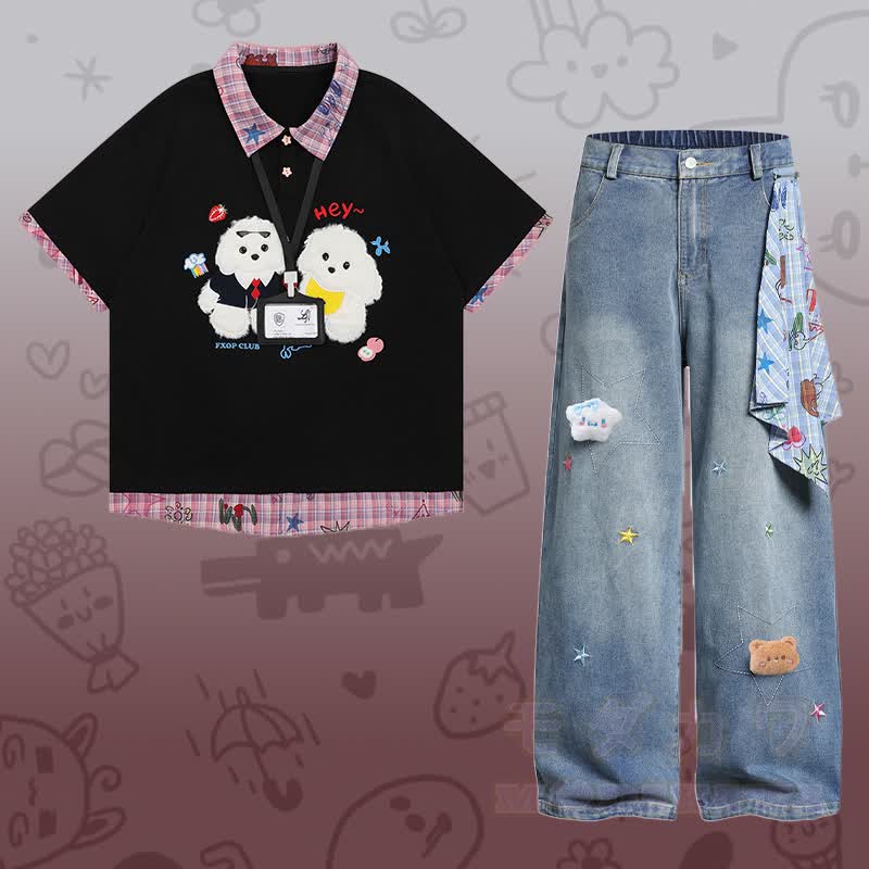 Flock Puppy Gingham Graphic Polo T-shirt Star Denim Pants Modakawa Matching Outfit - Set B - XL - image 2