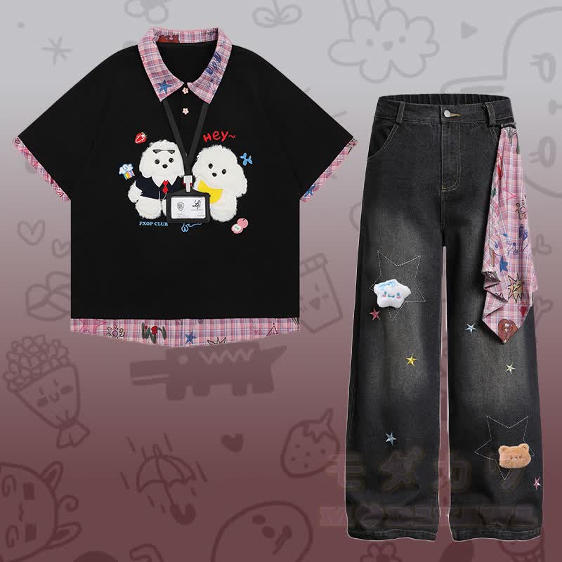 Flock Puppy Gingham Graphic Polo T-shirt Star Denim Pants Modakawa Matching Outfit - Set A - XL - image 1