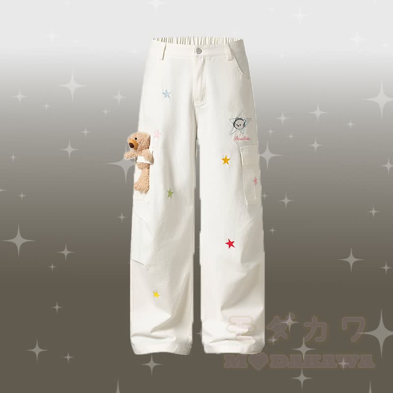 Kitty Embroidery Plaid Color Block Polo T-shirt 3D Bear Star Denim Pants Modakawa Matching Outfit - White Pants - XL - image 6