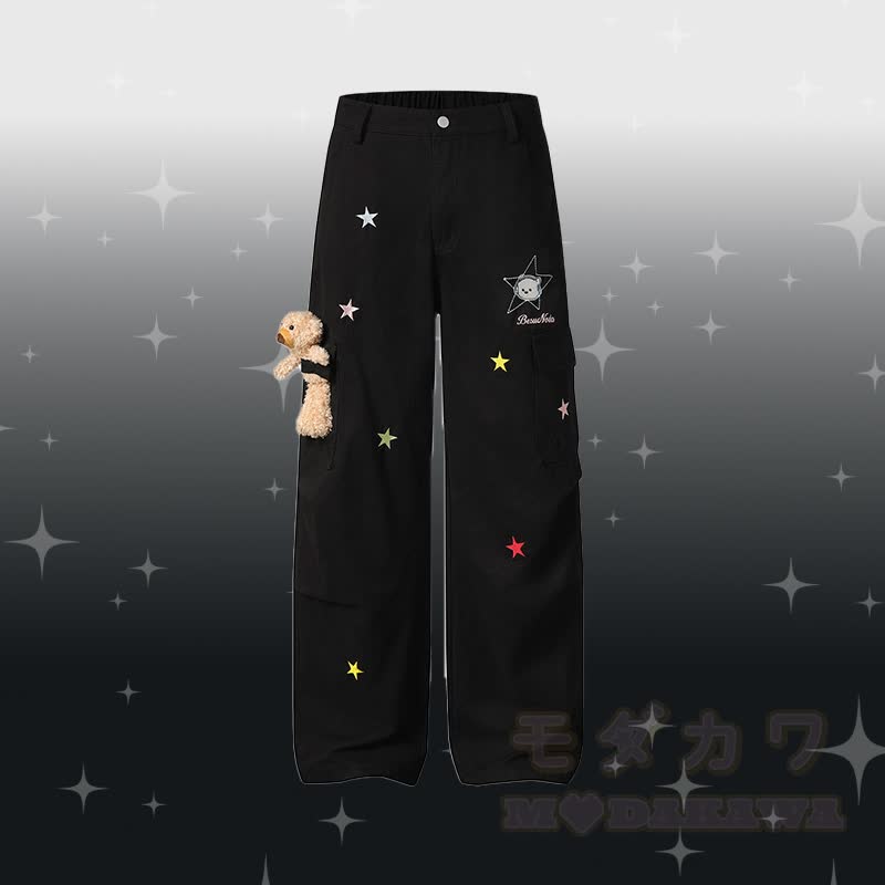 Kitty Embroidery Plaid Color Block Polo T-shirt 3D Bear Star Denim Pants Modakawa Matching Outfit - Black Pants - XL - image 5