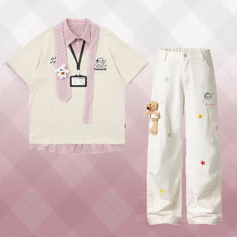 Kitty Embroidery Plaid Color Block Polo T-shirt 3D Bear Star Denim Pants Modakawa Matching Outfit - Set B - XL - image 2