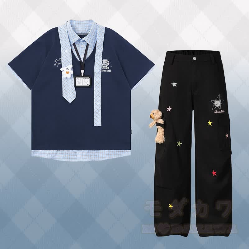 Kitty Embroidery Plaid Color Block Polo T-shirt 3D Bear Star Denim Pants Modakawa Matching Outfit - Set A - XL - image 1