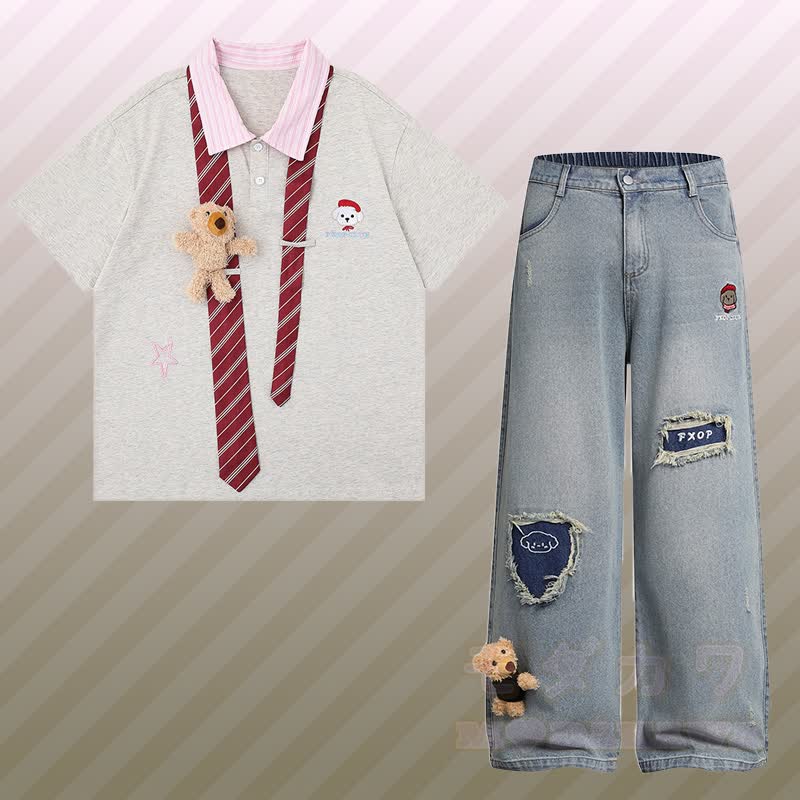 3D Bear Stripe Tie Color Block Polo T-shirt Ripped Denim Pants Modakawa Matching Outfit - Set B - XL - image 2