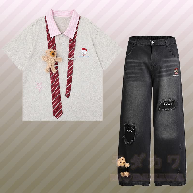 3D Bear Stripe Tie Color Block Polo T-shirt Ripped Denim Pants Modakawa Matching Outfit - Set A - XL - image 1