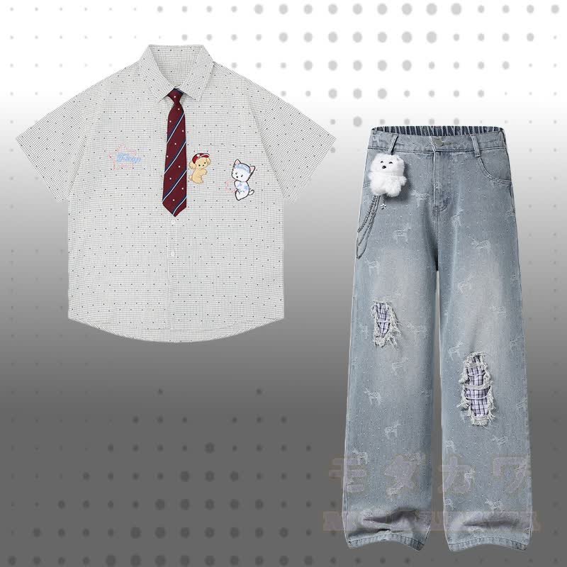 Puppy Embroidery Tie Gingham Shirt 3D Bear Chain Ripped Denim Pants Modakawa Matching Outfit - Set B - XL - image 2
