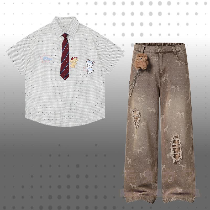 Puppy Embroidery Tie Gingham Shirt 3D Bear Chain Ripped Denim Pants Modakawa Matching Outfit - Set A - XL - image 1