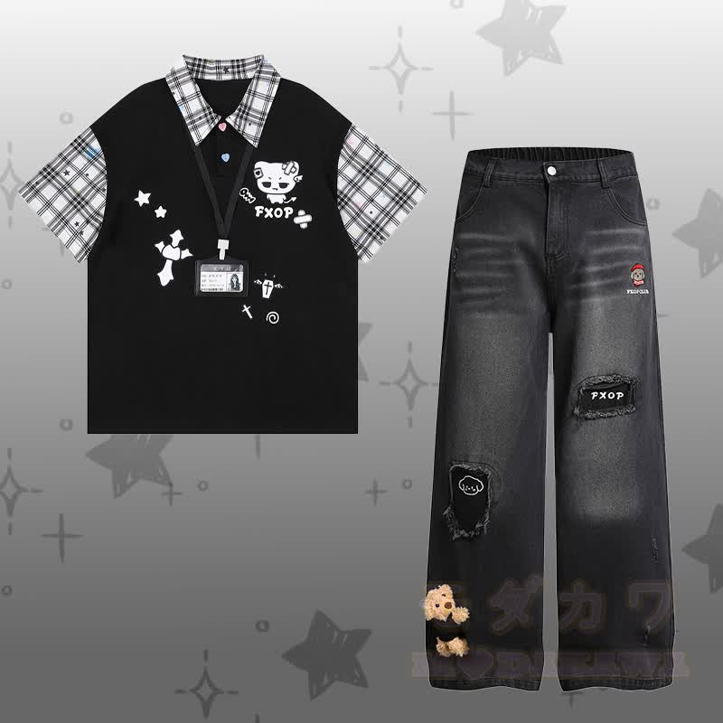 Demon Kitty Graphic Color Block Polo T-shirt Ripped Denim Pants Modakawa Matching Outfit - Set D - XL - image 4