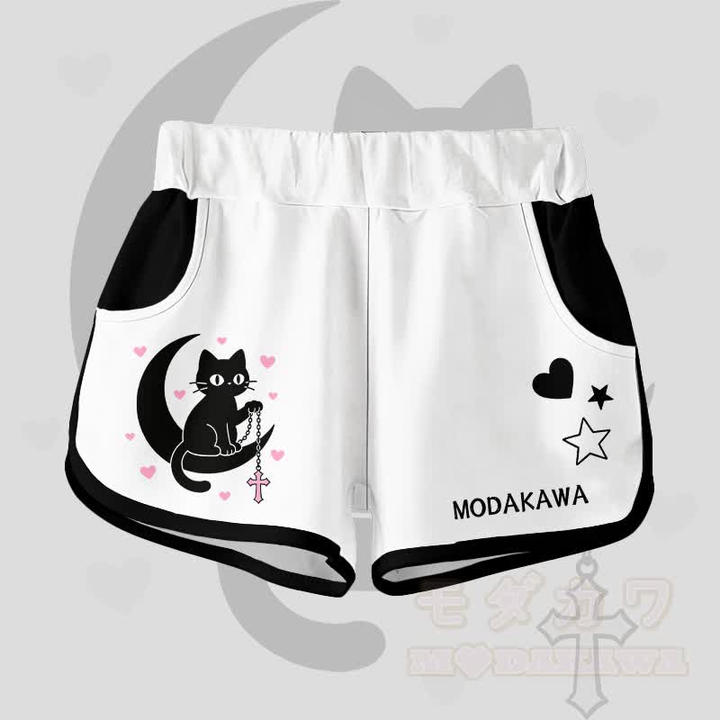 Gradient Black Cat Moon Graphic Modakawa Shorts - White A - 5XL - image 9