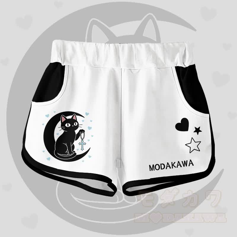 Gradient Black Cat Moon Graphic Modakawa Shorts - White B - 5XL - image 10