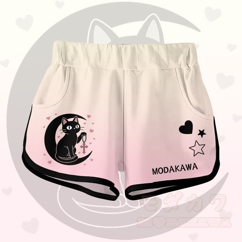 Gradient Black Cat Moon Graphic Modakawa Shorts - Pink B - 5XL - image 4