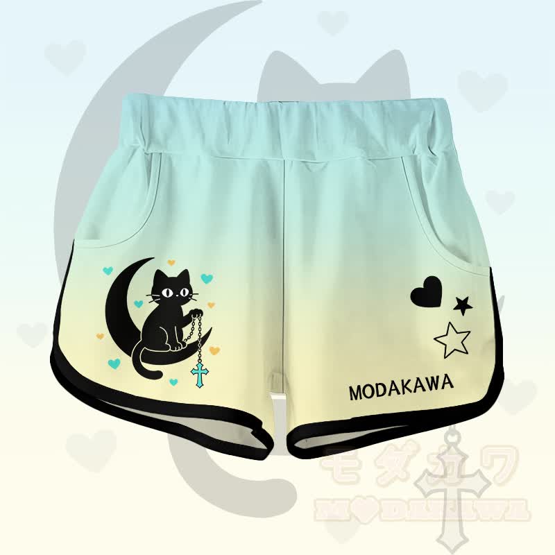Gradient Black Cat Moon Graphic Modakawa Shorts - Green B - 5XL - image 2