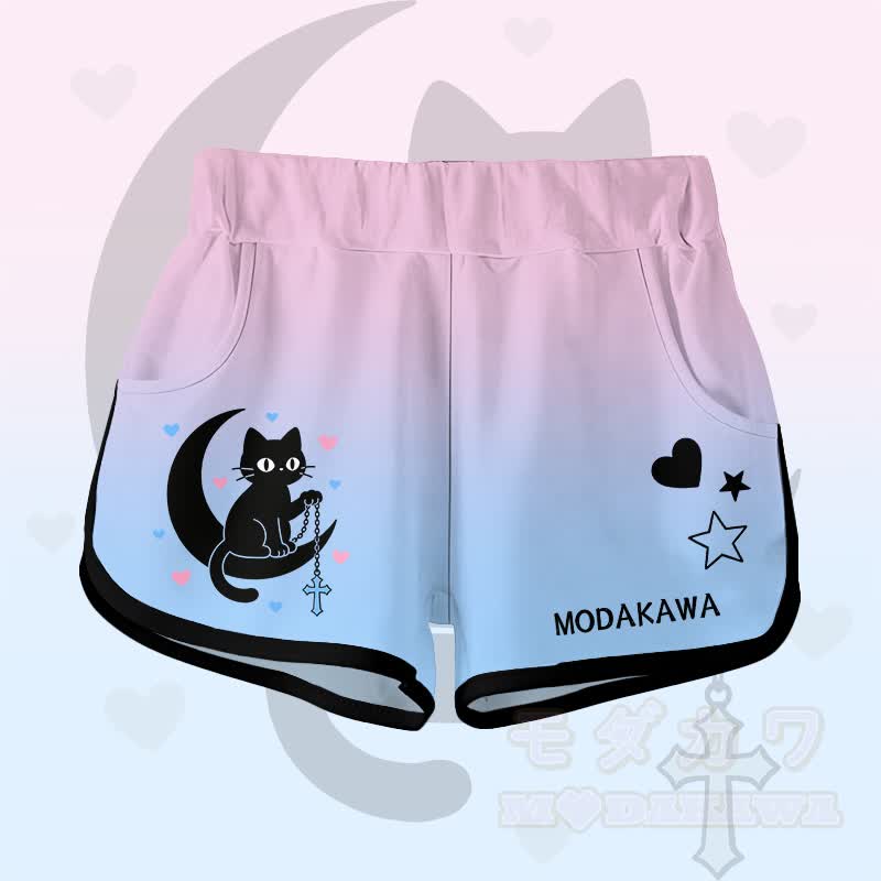 Gradient Black Cat Moon Graphic Modakawa Shorts - Pink C - 5XL - image 5