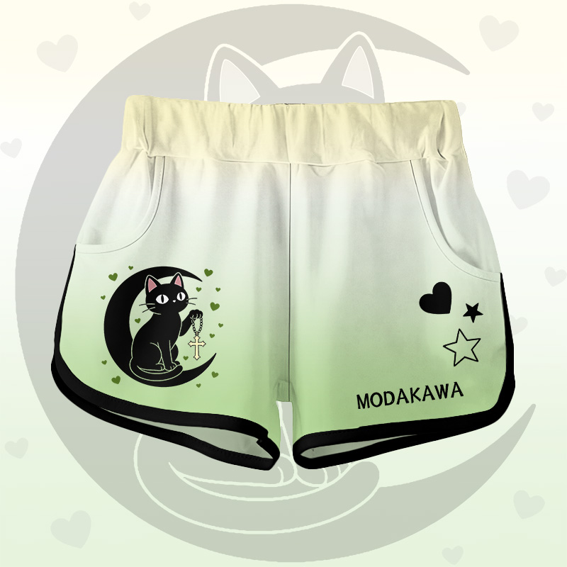 Gradient Black Cat Moon Graphic Modakawa Shorts - Green A - 5XL - image 1
